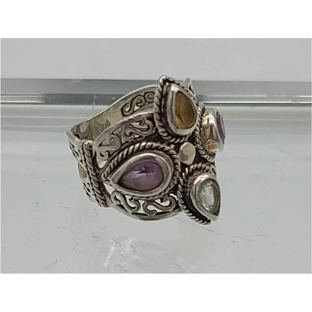 Vintage 925 Sterling Silver Colorful Glass Crystals Stunning Filigree Ring Sz 7 - Picture 3 of 9